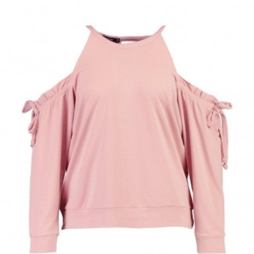 Boohoo PLUS KATRINA RUFFLE SLEEVE TIE BACK SWEAT TOP - ANTIQUE ROSE, Size 16,NWT